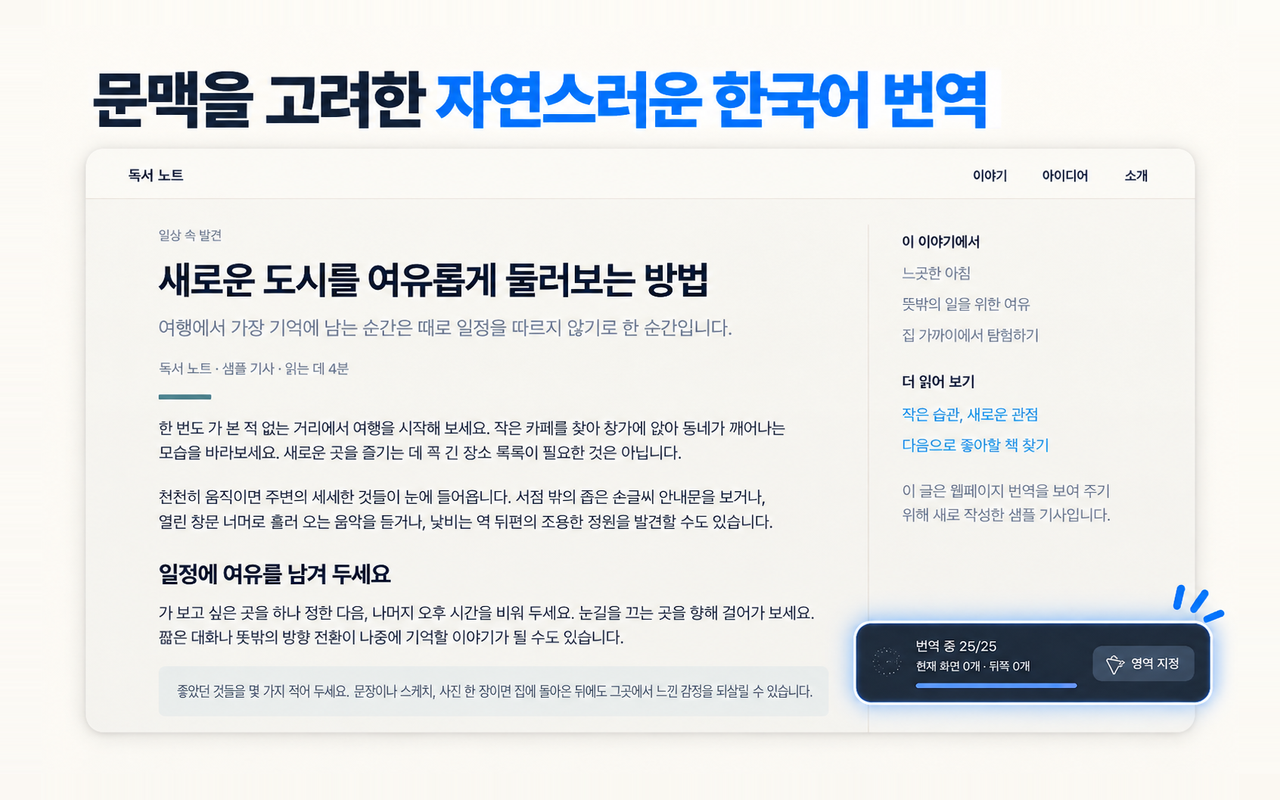 실제 GPT Page Translator로 영어 샘플 기사를 한국어로 번역한 화면. 원래 레이아웃과 하단 번역 상태 UI가 유지됩니다.